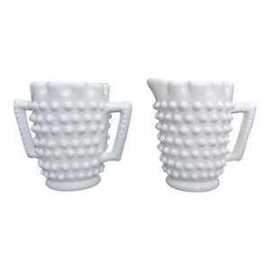 Fenton Creamer Sugar Milk Glass Daisy Button Pattern Hobnail 3" Tall Vintage